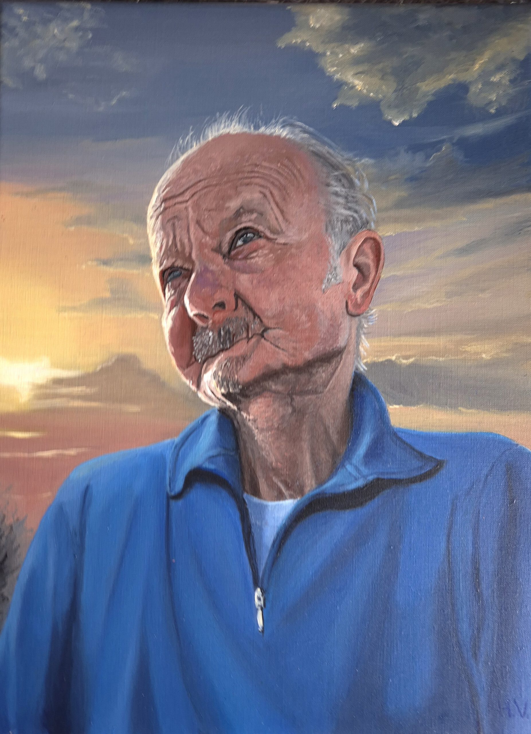 Troostportret, Schilderij van oude man met littekens in het gezicht in buitenlucht.